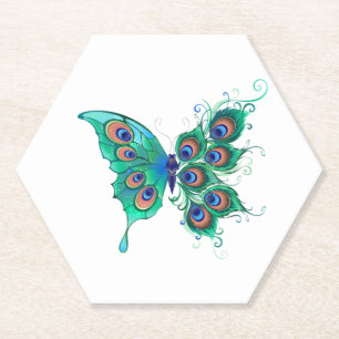 Schmetterling mit grünen Pfauenfedern Untersetzer
