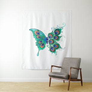 Schmetterling mit grünen Pfauenfedern Wandteppich