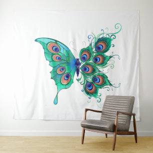 Schmetterling mit grünen Pfauenfedern Wandteppich