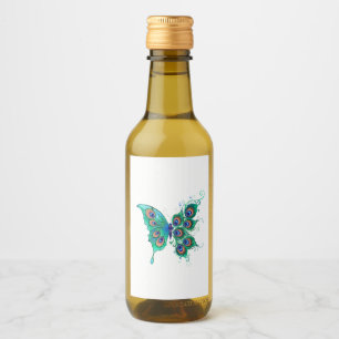 Schmetterling mit grünen Pfauenfedern Weinetikett