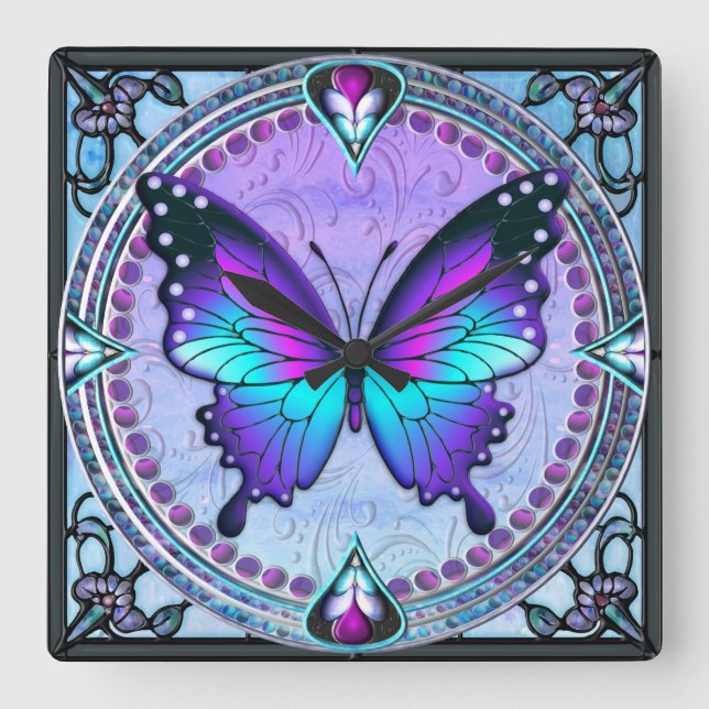 Schmetterling mit Hintergrund Quadratische Wanduhr (Vorderseite)