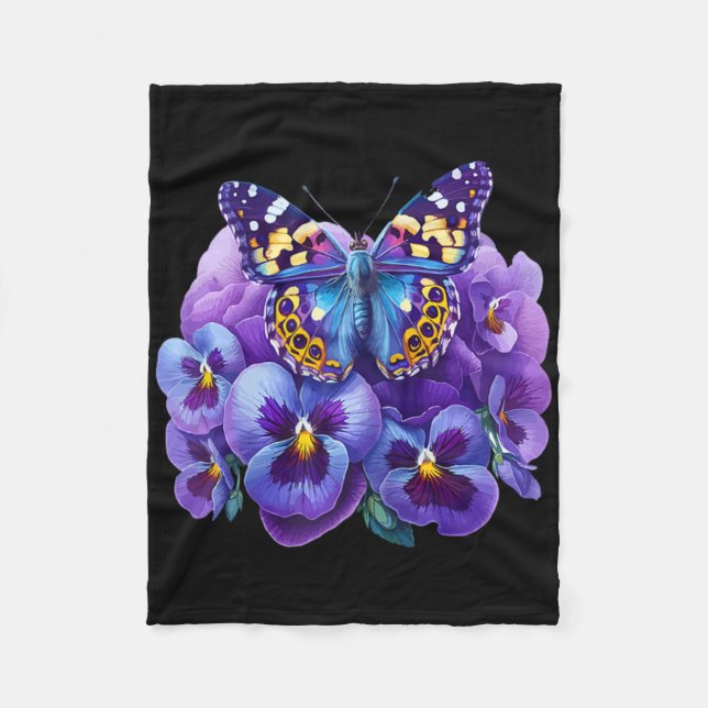 Schmetterling Mit Lila Blumen Stiefmütterchen Deme Fleecedecke (Vorderseite)