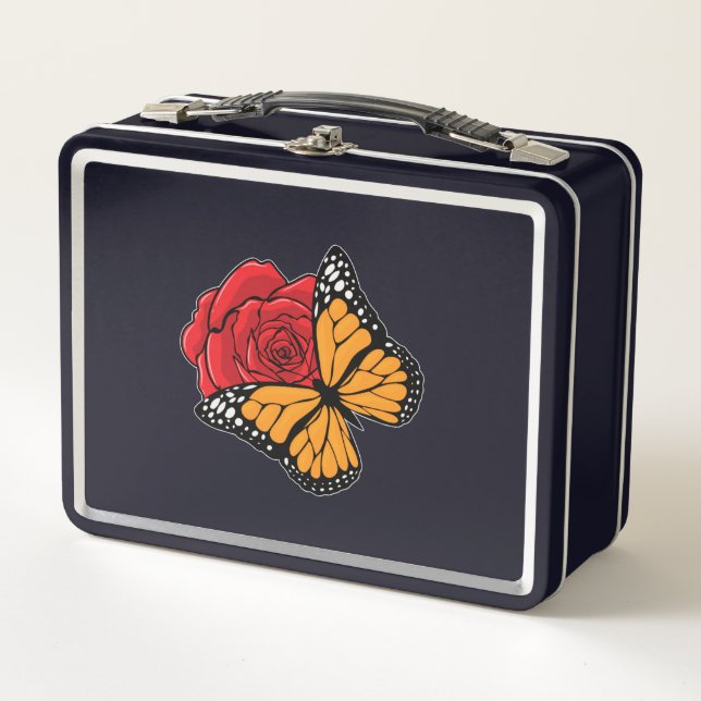 Schmetterling mit Rose Metall Brotdose (Vorderseite)