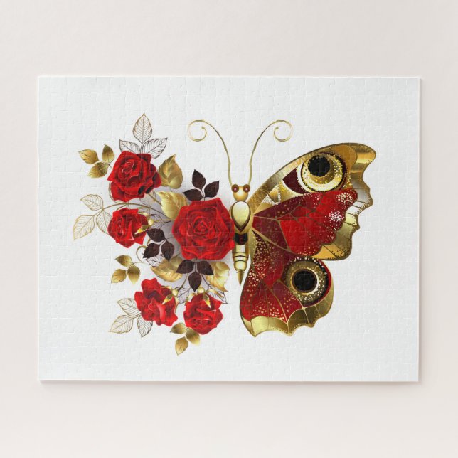 Schmetterling mit roter Blume und rote Rosen (Horizontal)