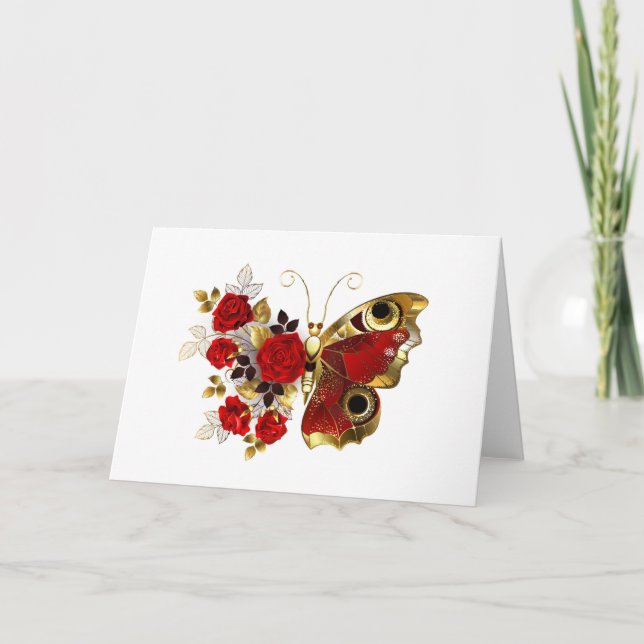Schmetterling mit roter Blume und rote Rosen (Vorderseite)
