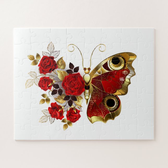 Schmetterling mit roter Blume und rote Rosen (Horizontal)