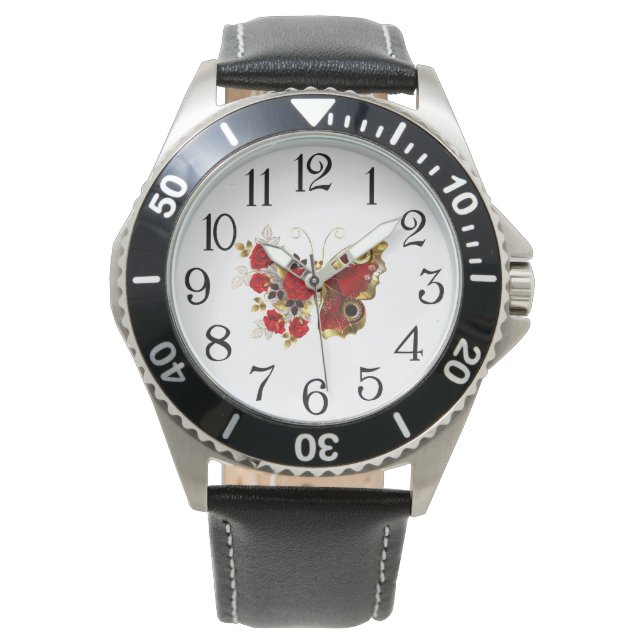 Schmetterling mit roter Blume und rote Rosen Armbanduhr (Vorderseite)