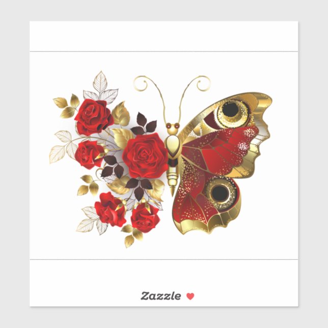 Schmetterling mit roter Blume und rote Rosen Aufkleber (Blatt)