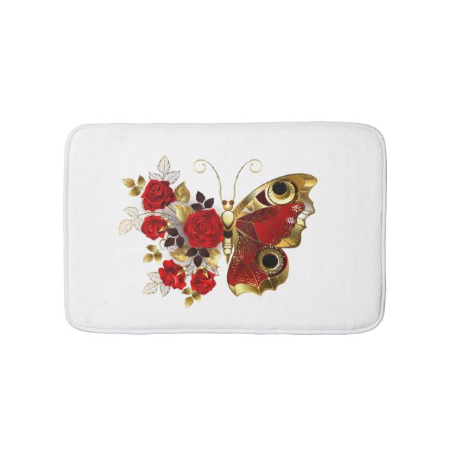 Schmetterling mit roter Blume und rote Rosen Badematte (Vorderseite)