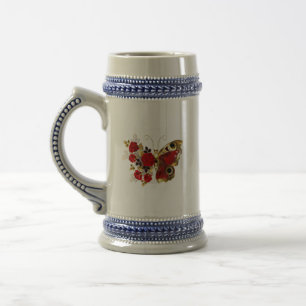 Schmetterling mit roter Blume und rote Rosen Bierglas