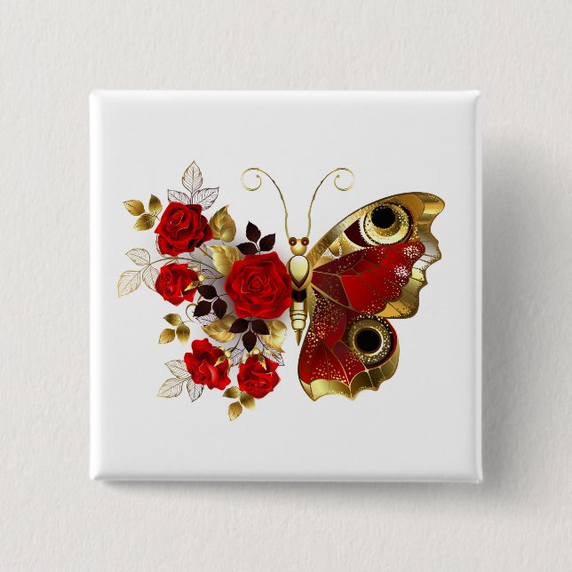 Schmetterling mit roter Blume und rote Rosen Button (Vorderseite)