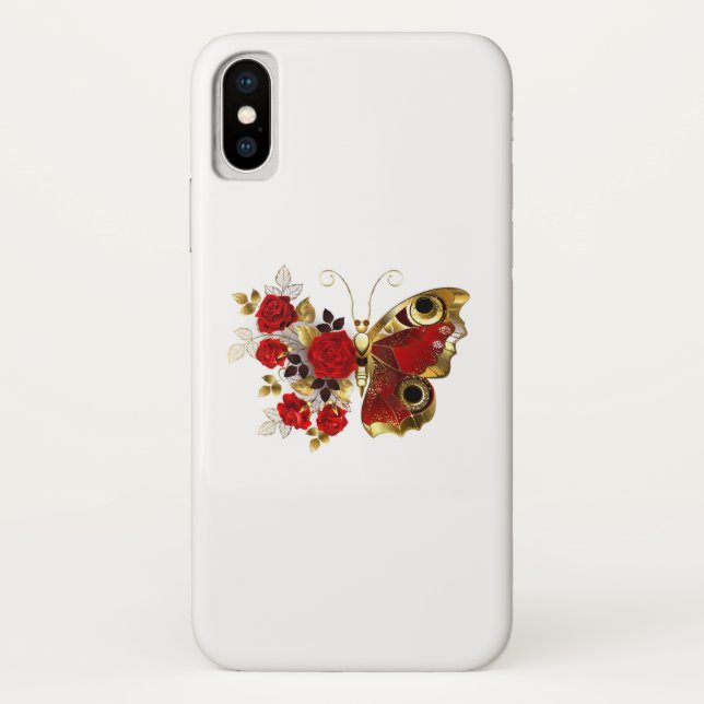 Schmetterling mit roter Blume und rote Rosen Case-Mate iPhone Hülle (Rückseite)