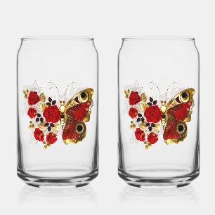 Schmetterling mit roter Blume und rote Rosen Dosenglas
