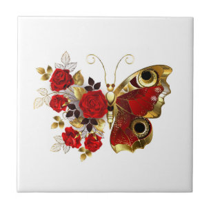 Schmetterling mit roter Blume und rote Rosen Fliese