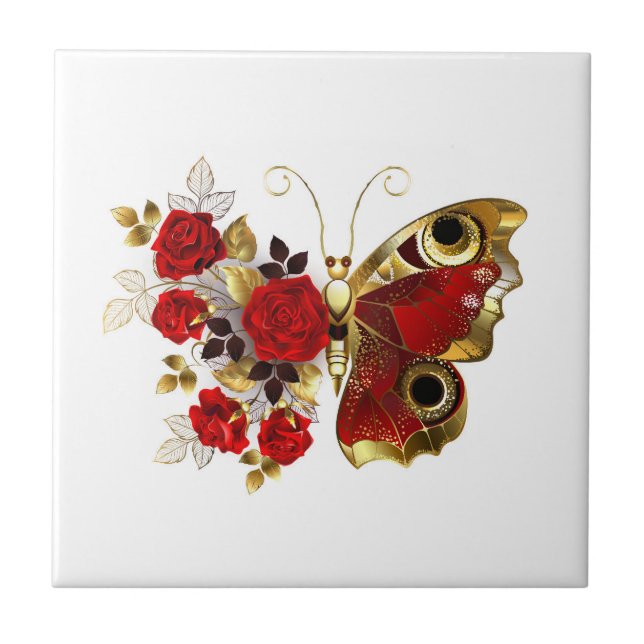 Schmetterling mit roter Blume und rote Rosen Fliese (Vorderseite)