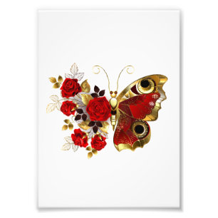 Schmetterling mit roter Blume und rote Rosen Fotodruck