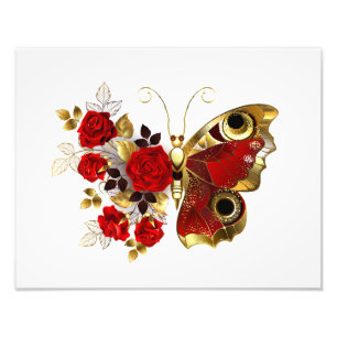 Schmetterling mit roter Blume und rote Rosen Fotodruck