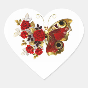 Schmetterling mit roter Blume und rote Rosen Herz-Aufkleber