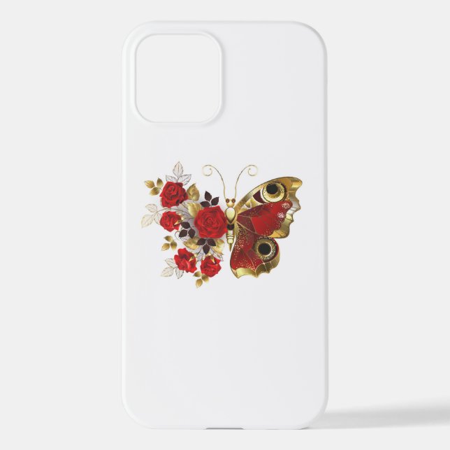 Schmetterling mit roter Blume und rote Rosen iPhone 12 Hülle (Rückseite)