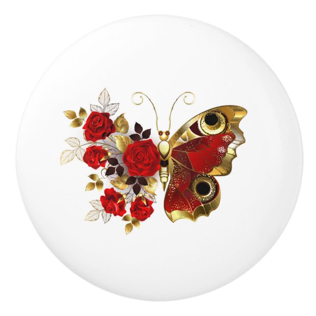 Schmetterling mit roter Blume und rote Rosen Keramikknauf (Vorderseite)