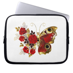 Schmetterling mit roter Blume und rote Rosen Laptopschutzhülle