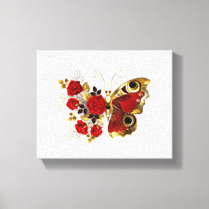 Schmetterling mit roter Blume und rote Rosen Leinwanddruck