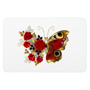 Schmetterling mit roter Blume und rote Rosen Magnet
