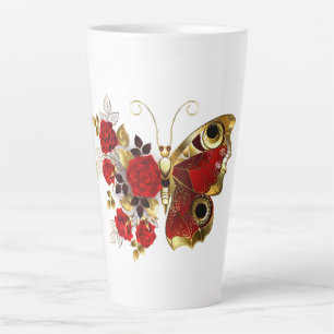 Schmetterling mit roter Blume und rote Rosen Milchtasse