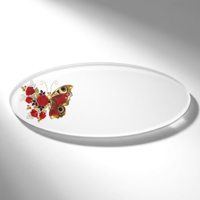 Schmetterling mit roter Blume und rote Rosen Namenschild (Vorderseite)