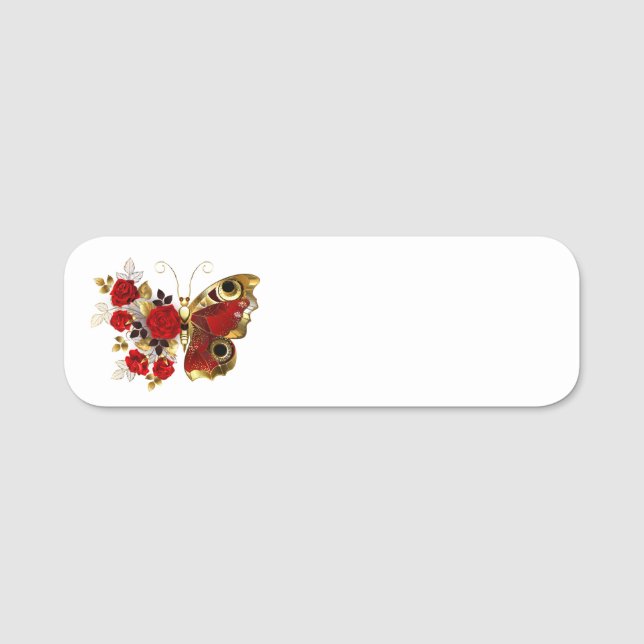 Schmetterling mit roter Blume und rote Rosen Namensschild (Vorderseite)