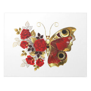 Schmetterling mit roter Blume und rote Rosen Notizblock