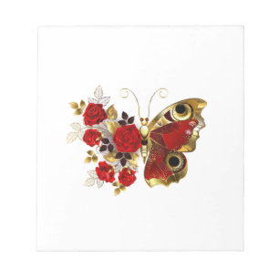 Schmetterling mit roter Blume und rote Rosen Notizblock