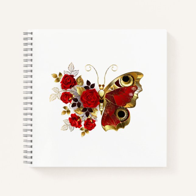 Schmetterling mit roter Blume und rote Rosen Notizbuch (Vorderseite)