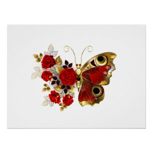 Schmetterling mit roter Blume und rote Rosen Poster