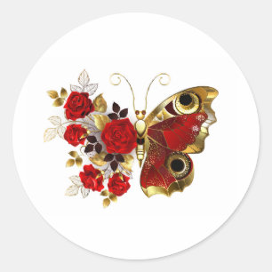 Schmetterling mit roter Blume und rote Rosen Runder Aufkleber