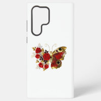 Schmetterling mit roter Blume und rote Rosen