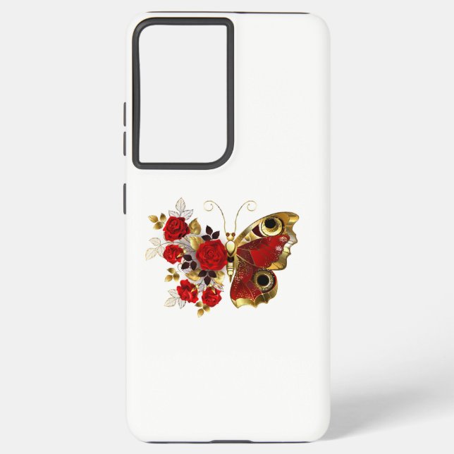 Schmetterling mit roter Blume und rote Rosen Samsung Galaxy Hülle (Rückseite)