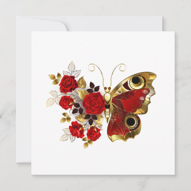 Schmetterling mit roter Blume und rote Rosen Save The Date (Vorderseite)