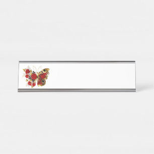 Schmetterling mit roter Blume und rote Rosen Schreibtischnamensplakette