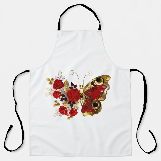 Schmetterling mit roter Blume und rote Rosen Schürze (Vorderseite)