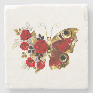 Schmetterling mit roter Blume und rote Rosen Steinuntersetzer