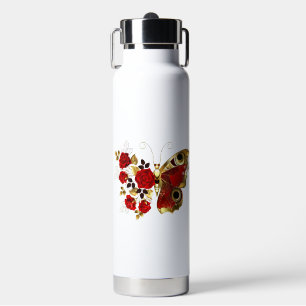 Schmetterling mit roter Blume und rote Rosen Trinkflasche