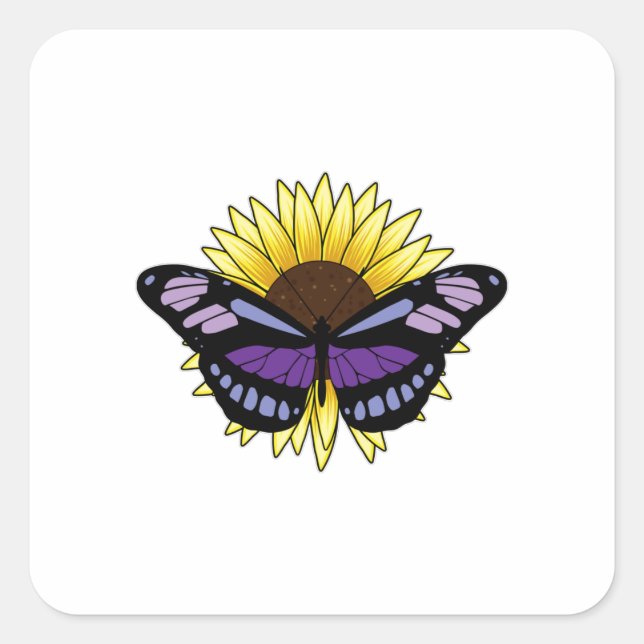 Schmetterling mit Sonnenblume Quadratischer Aufkleber (Vorderseite)