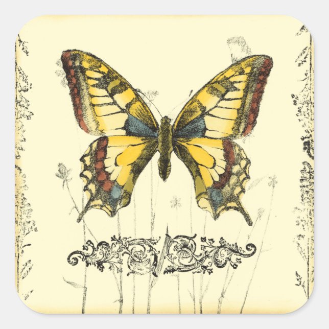 Schmetterling mit Wildblumen Quadratischer Aufkleber (Vorderseite)