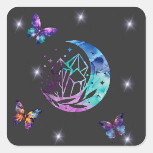 Schmetterling, Mond und Kristalle Quadratischer Aufkleber