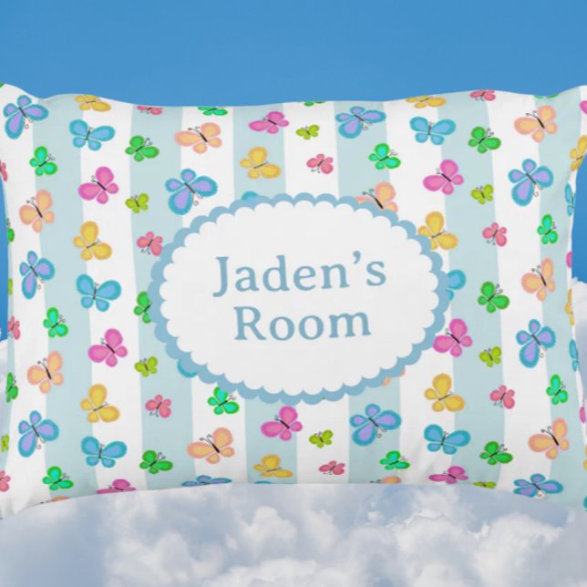Schmetterling Personalisierter blauer Streifen Dekokissen (Personalize with name or message!)