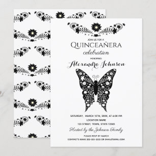 Schmetterling Quinceanera Schwarz & Weiß 15. Gebur Einladung