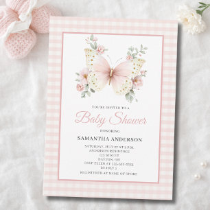 Schmetterling Rosa Gingham Blumen Mädchen Baby-Par Einladung