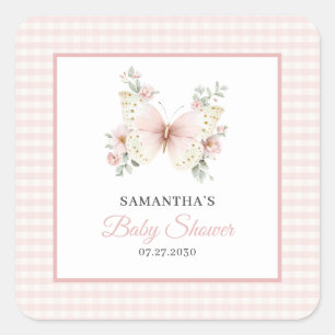 Schmetterling Rosa Gingham Blumen Mädchen Baby-Par Quadratischer Aufkleber