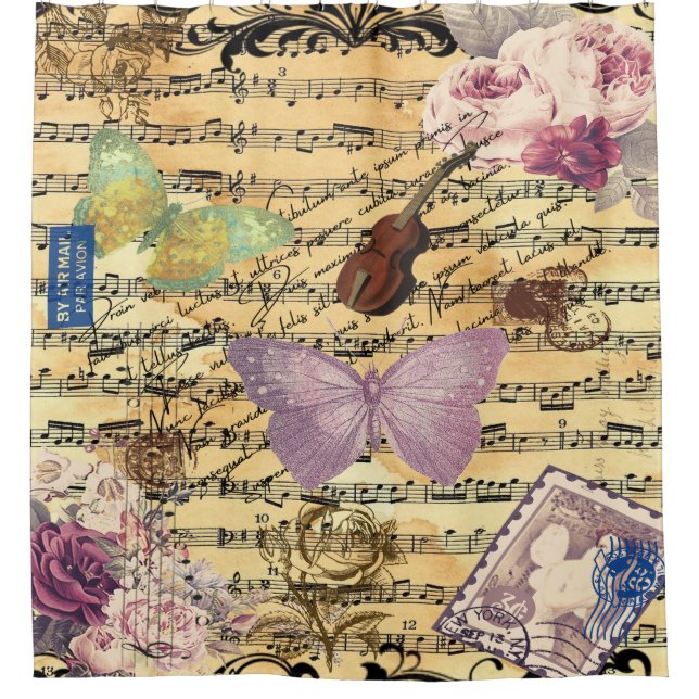 Schmetterling, Rose und Anmerkungen Ephemera Duschvorhang (Vorderseite)